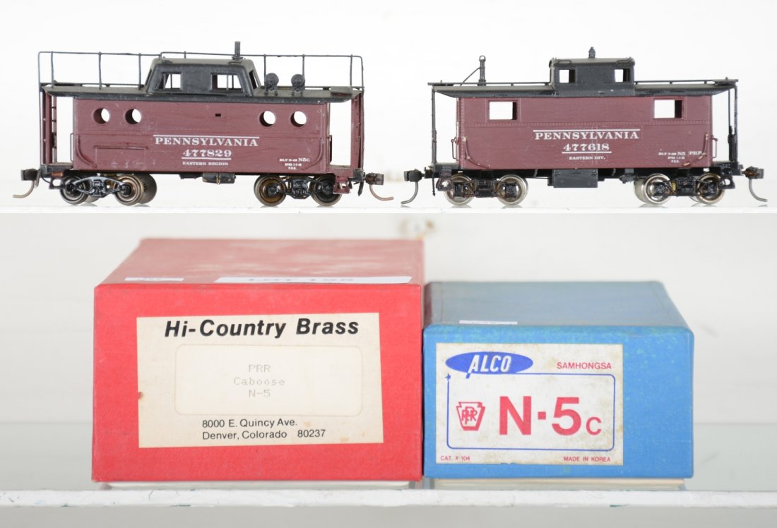 2 Brass HO PRR Cabooses: Includes an Alco N-5c #477829; High country N-5 #477618, both nicely painted & decaled, HO Gauge. Like New, test or very light signs of operation, may have light dust from display, light signs of hand