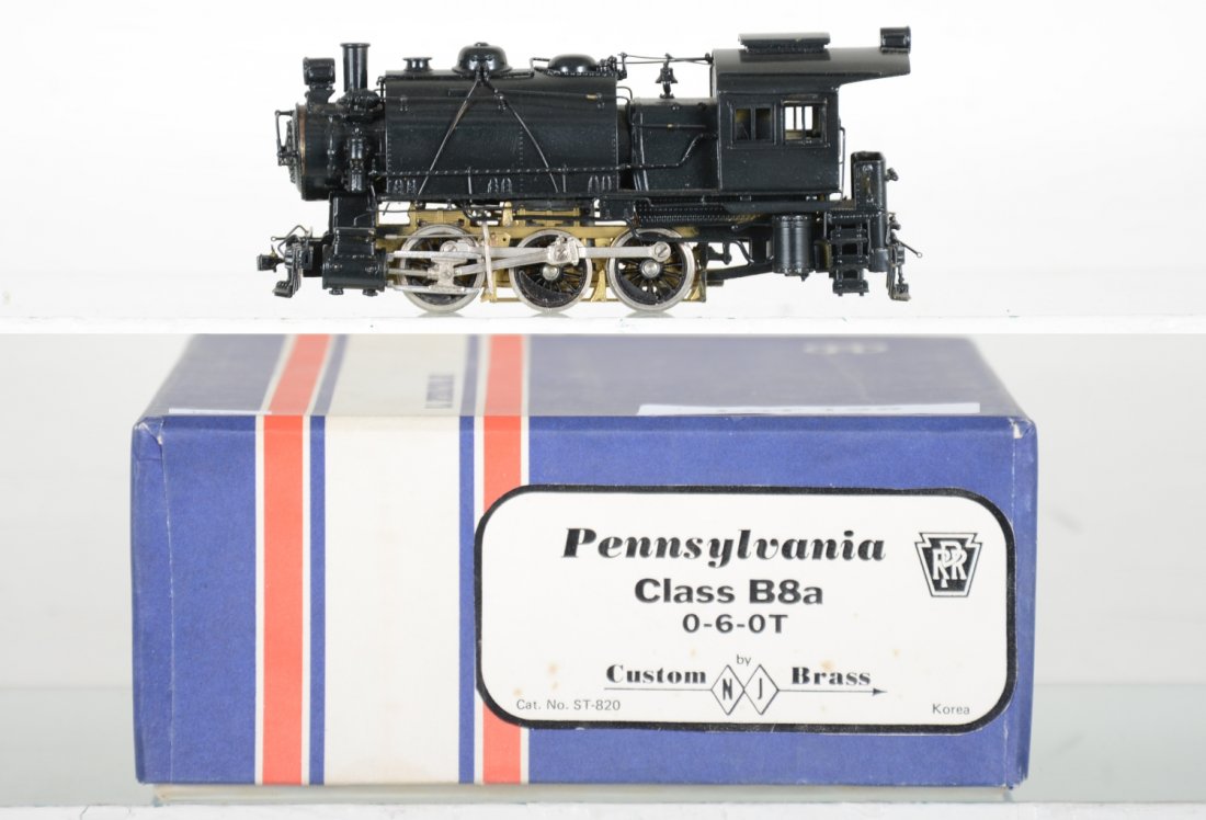 Custom Brass PRR B8a 0-6-0T Tank Loco: HO Gauge. Like New, test or very light signs of operation, may have light dust from display, light signs of handling, may have some tarnishing to finish. Original box, C9