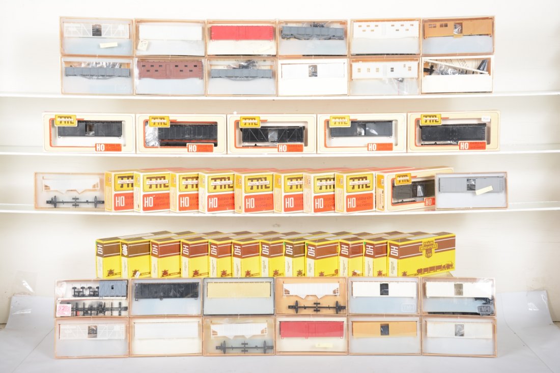 50+ TMI HO Undecorated Freight & Work Car Kits: Includes assorted Freight cars with hoppers, stock cars, transit/supply cabooses; flat cars, tool cars, ballast cars, reefers boxcars & more. All appear new in boxes, C10