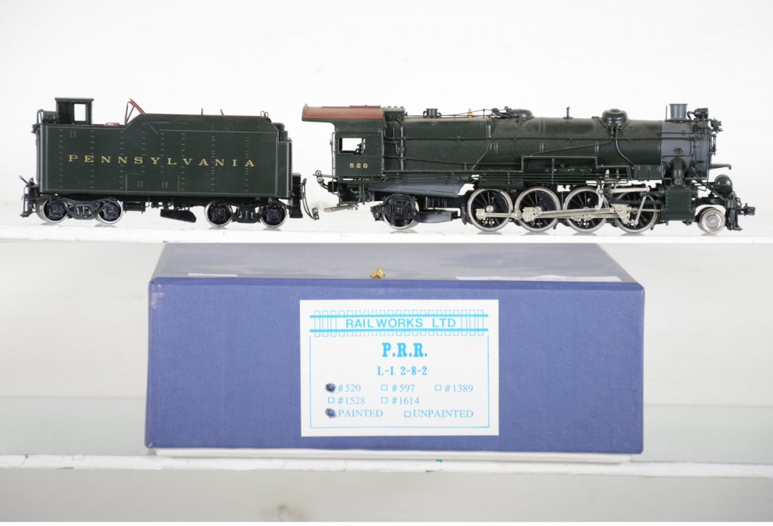 Rail Works Brass PRR L-I 2-8-2 Loco #520: Factory painted. Bell loose, otherwise HO Gauge. Like New to Mint, unrun, may have minor dust from display, near perfect paint, may have some tarnishing to finish. Original box, C10