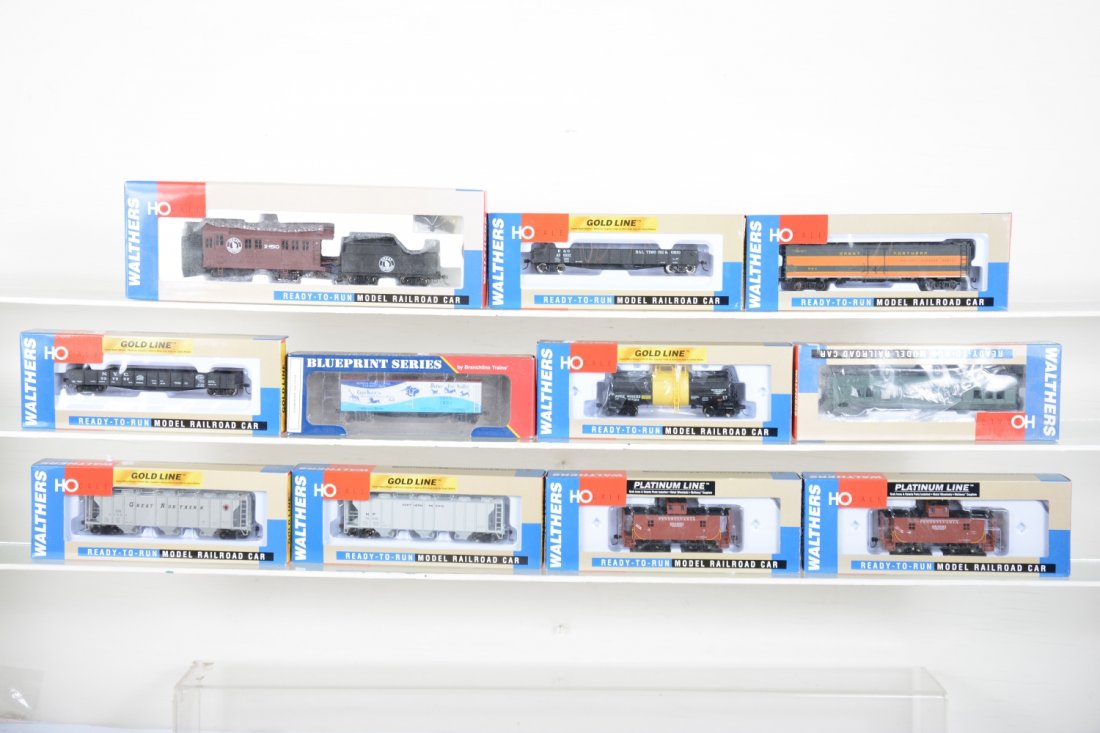 10+ Walthers HO Freight Cars: Mixture of Gold & platinum line cars, assorted as per photo; Plus a 932-1961 Alco Rotary Snowplow. All appear new in boxes, C10
