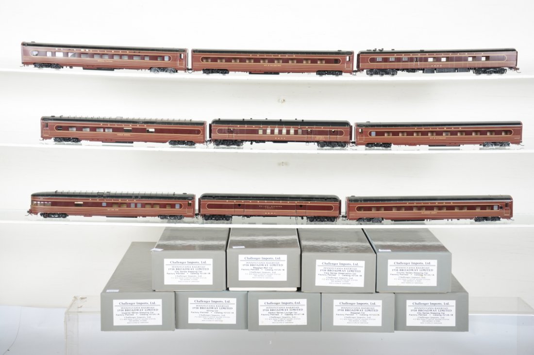 9 Challenger Brass PRR 1938 Broadway Ltd Pass Cars: All Factory painted, including, 2122.1a baggage; 2126.1b mail/baggage; 2481.1 diner #4503; 2 #2128.1B sleepers; 2124.1a sleeper; 2 #2125.1a sleepers; 2123.1a Diner; 2127.1b lounge; 2129.1b observation