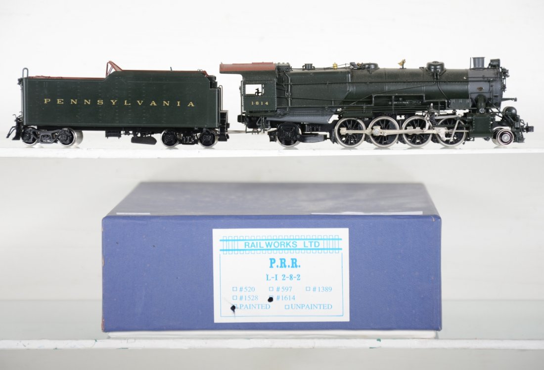 Rail Works brass PRR L-I 2-8-2 Loco #1614: Factory painted. HO Gauge. Like New to Mint, unrun, may have minor dust from display, near perfect paint, may have some tarnishing to finish. Original box, C10