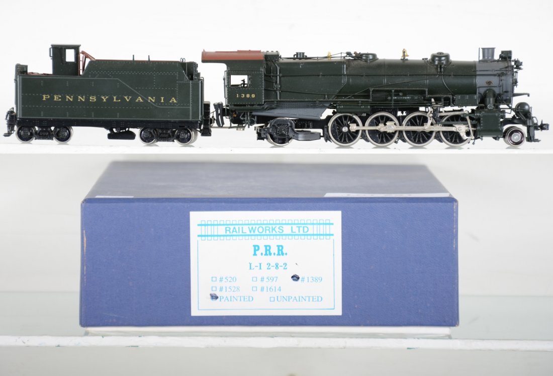 Rail Works Brass PRR L-1 2-8-2 Loco #1389: Factory painted. HO Gauge. Like New to Mint, unrun, may have minor dust from display, near perfect paint, may have some tarnishing to finish. Original box, C10