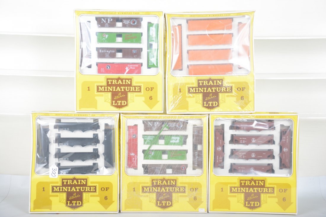 5 Unusual TMI HO Freight Car 5-Pack Kits: Includes 6003 Data hoppers; 2 #6008 Hill Lines Boxcars, 1 ob missing cellophane; 6005 GN offset hoppers; 6002 Data reefers, rest are sealed in display boxes, C10