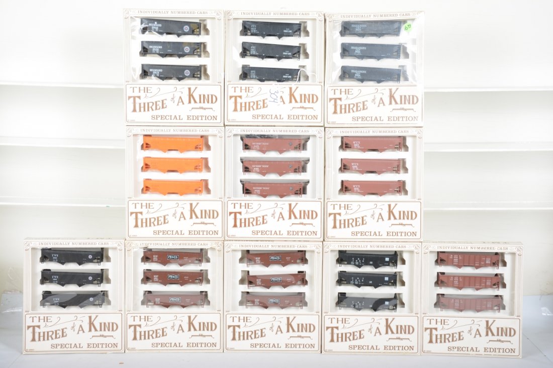 11 TMI Bev-Bel HO Hopper 3-Packs: Includes 2 Sets Frisco; Cambria & Indiana; Maine Central; L&NE; WLE; SP; EJ&E; T&P; Seaboard Air Lines; ACL, all sealed in display boxes, C10