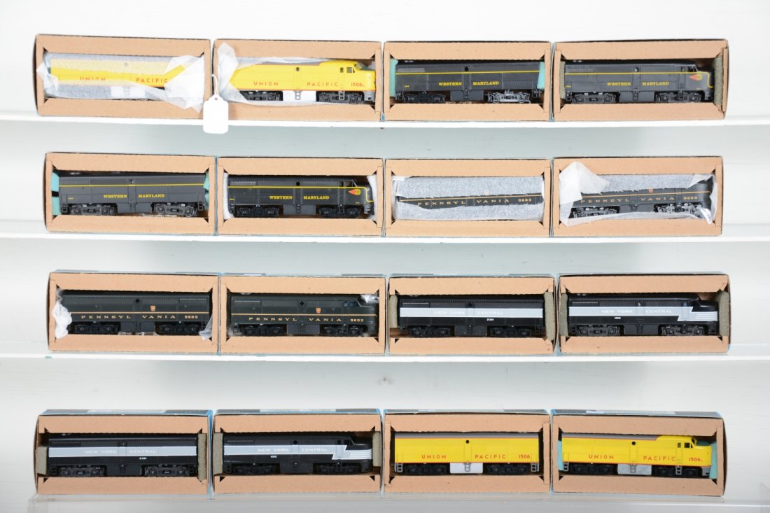 4 TMI FA-1 ABBA Diesel Sets: Each includes a powered A & b with Dummy A & B, with Union Pacific(UP); Pennsylvania(PRR), Western Maryland(WM); New York Central(NYC). They appear new in boxes, C10