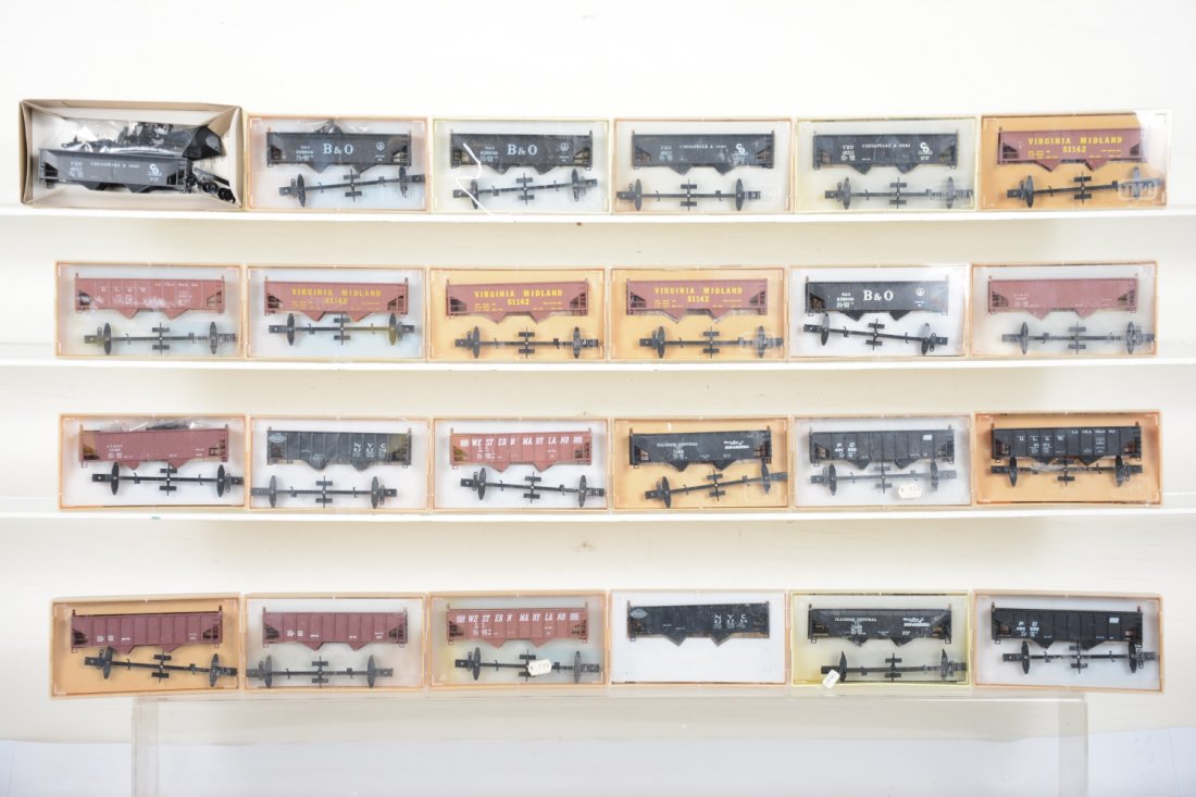 22+ TMI HO Hopper Car Kits: Includes 2 each of 7 road names; 3 each of 2 additional road names and 1 4-car. All are new New In Box mostly 1st series plastic display boxes, C10
