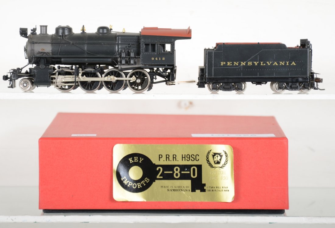 Key/ Samhongsa Brass PRR H9SC 2-8-0 Loco #9412: Factory painted with DCC. HO Gauge. Like New to Mint, unrun, may have minor dust from display, near perfect paint, may have some tarnishing to finish. Original box, C10