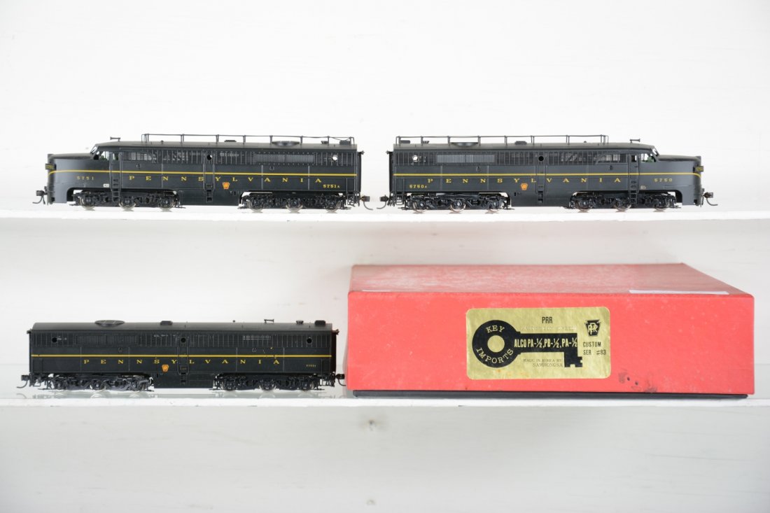 Key/ Samhongsa Brass PRR Alco PAB Diesels: #5751, 5750a, 5750. Factory painted. HO Gauge. Like New to Mint, unrun, may have minor dust from display, near perfect paint, may have some tarnishing to finish. Original box, C10