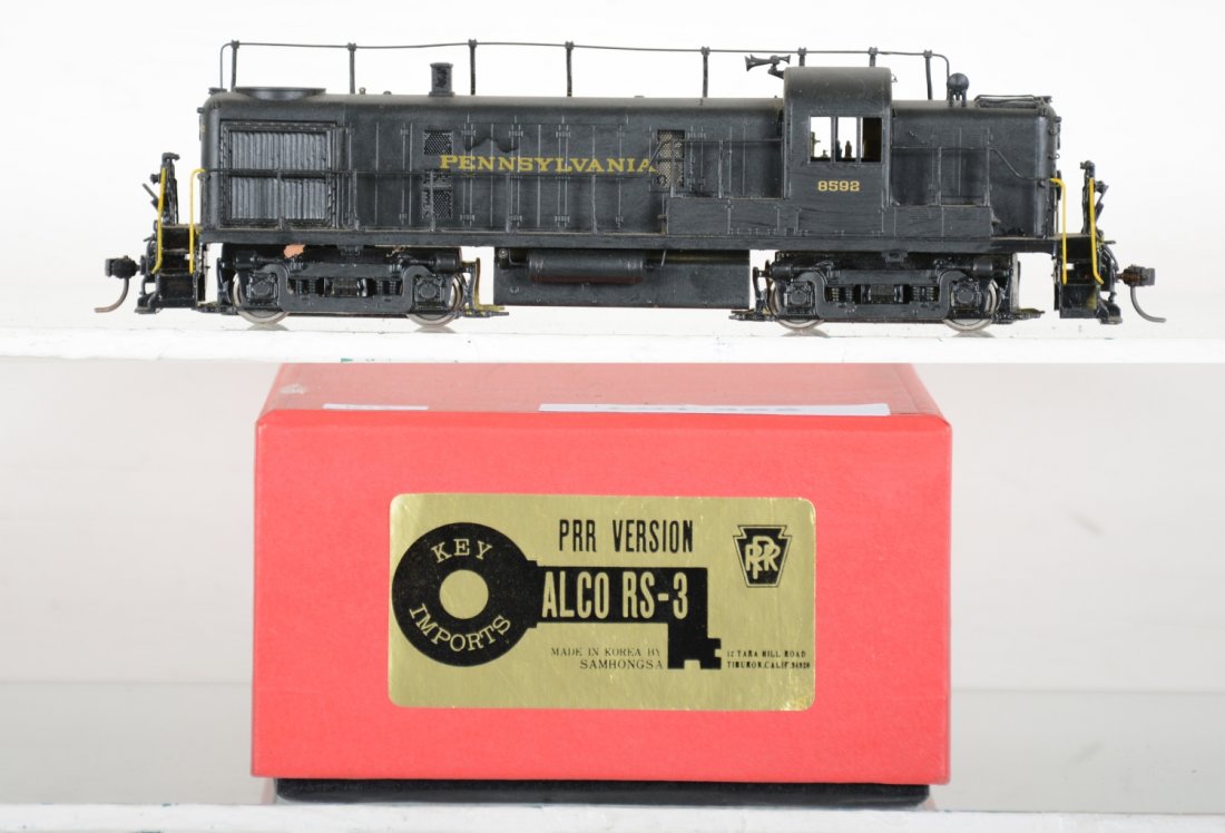 Key/ Samhongsa PRR RS-3 Diesel #8592: Hobbyist level painted and decaled. HO Gauge. Excellent, Light to moderate run-time, Signs of handling, Very minor paint flaws, may have minor decal wear, but presentable. Dusty from display with orig