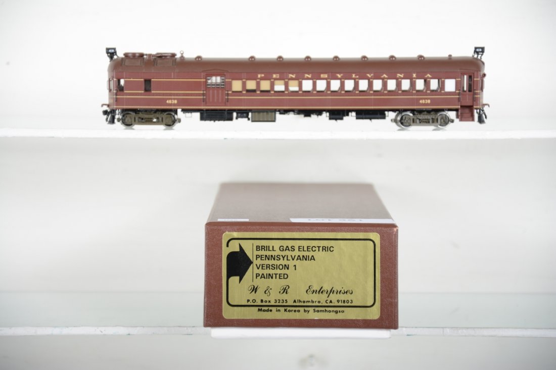 W&R/Samhongsa Brass PRR Brill Gas Electric Vesion 1: #4638, Factory painted. HO Gauge. Like New to Mint, unrun, may have minor dust from display, near perfect paint, may have some tarnishing to finish. Original box, C10