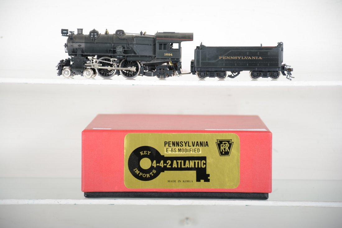 Key Brass PRR E-6s 4-4-2 Atlantic Loco #1694: Factory painted. HO Gauge. Like New to Mint, unrun, may have minor dust from display, near perfect paint, may have some tarnishing to finish. Original box, C10