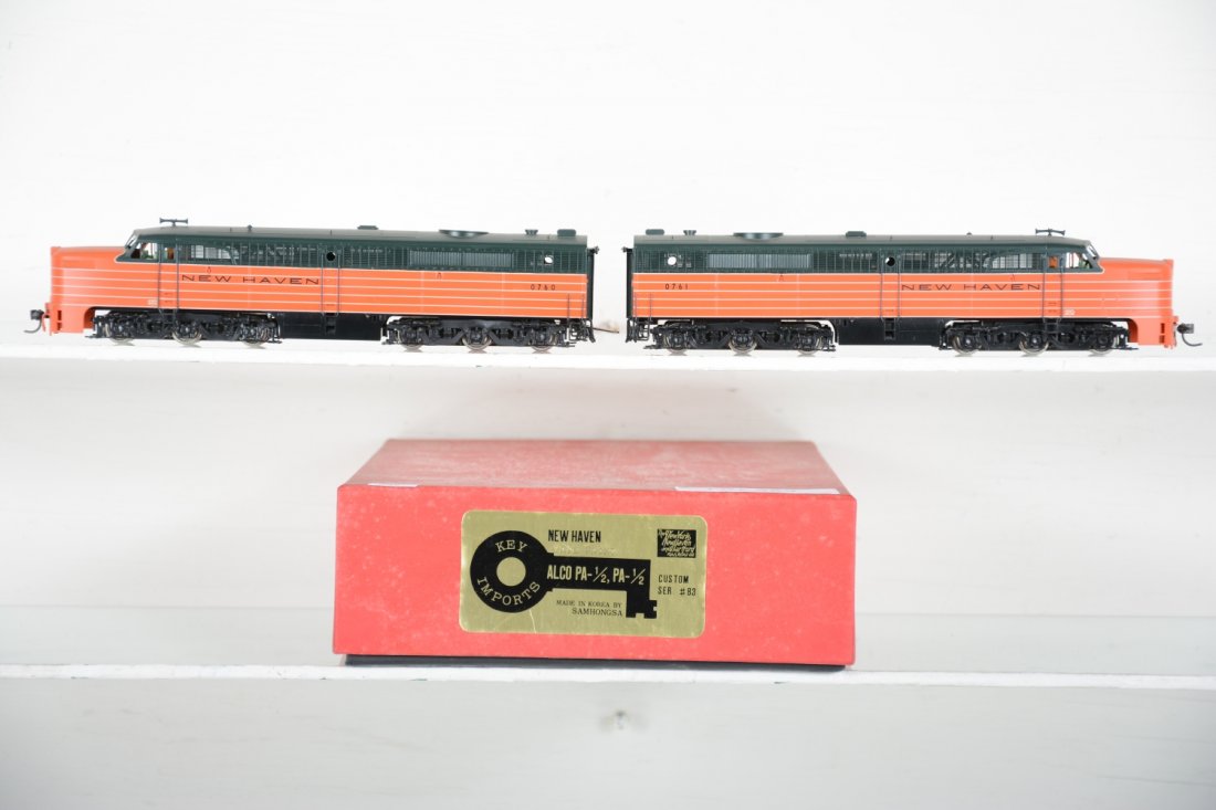 Key/Samhongsa Brass NH Alco PA AA Diesel 0760 & 0761: Factory painted. HO Gauge. Like New, test or very light signs of operation, may have light dust from display, light signs of handling, may have some tarnishing to finish. Original box, C9