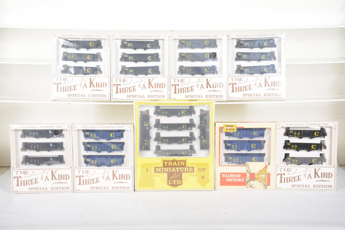 TMI HO Chessie Hopper Multi-Packs: Includes 2 different B&O 3-packs; 2 same WM 3-packs; 6001 WM 5-pack; 2 same C&O 3-packs; 2 different C&O 3-packs, all sealed in display boxes, C10