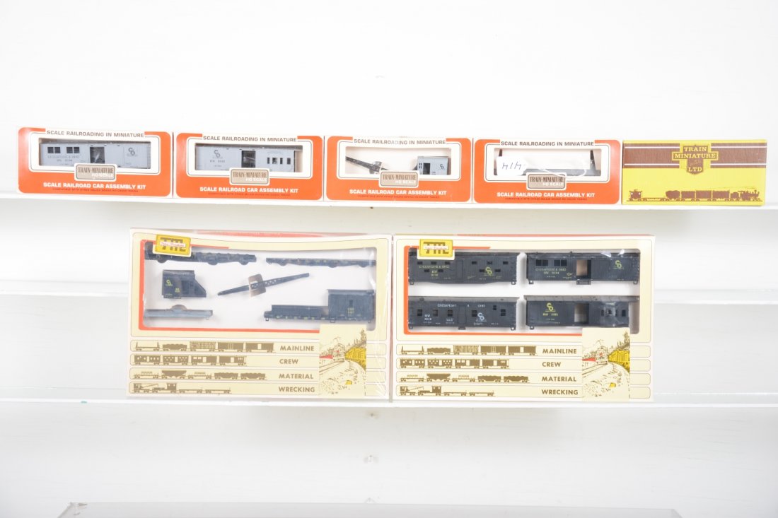 TMI HO C&O Work Train Kits: Includes 8732 & 8738 5-pack crew & wrecking sets; Plus additional crane, tool car, flat car, blacksmith car & supply caboose, all new in boxes, C10