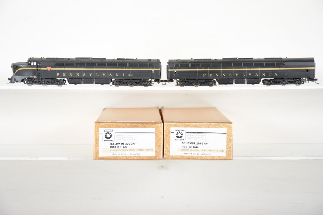 Oriental/ Samhongsa PRR Baldwin BF16AB 2000HP Diesels: Both units powered, Factory painted. HO Gauge. Like New to Mint, unrun, may have minor dust from display, near perfect paint, may have some tarnishing to finish. Original box, C10