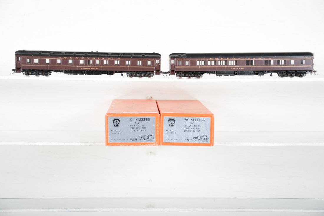 2 Precision Scale Brass PRR Heavyweight 80ft Sleepers: includes a 6-3 Ice Air Perishing Square; 8-5 Ice air Clover View. Both Factory painted. HO Gauge. Like New to Mint, unrun, may have minor dust from display, near perfect paint, may have some tarnishin