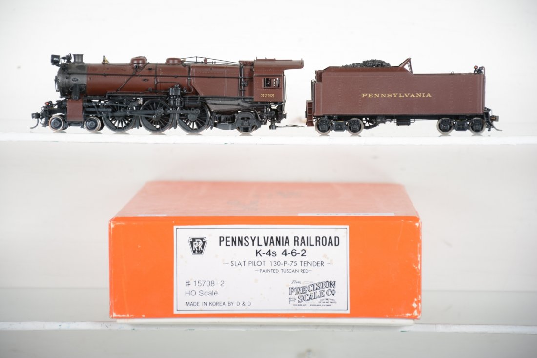 Precision Brass PRR K-4s 4-6-2 Loco #3752: Tuscan red, Factory painted. HO Gauge. Like New, test or very light signs of operation, may have light dust from display, light signs of handling, may have some tarnishing to finish. Original box, C9