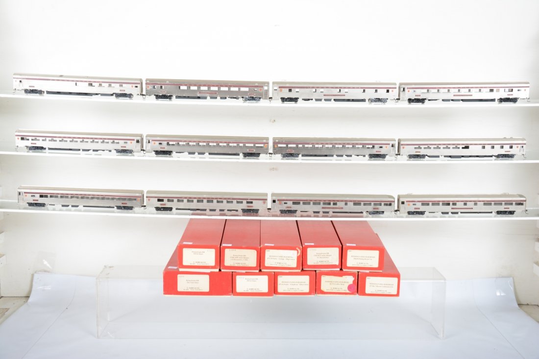 SOHO Brass PRR Streamline Passenger Car Set: 12 cars, all boxed except 1 #1570 coach. All are Factory painted with added decals. HO Gauge. Excellent, Light to moderate run-time, Signs of handling, Very minor paint flaws, may have minor decal wea