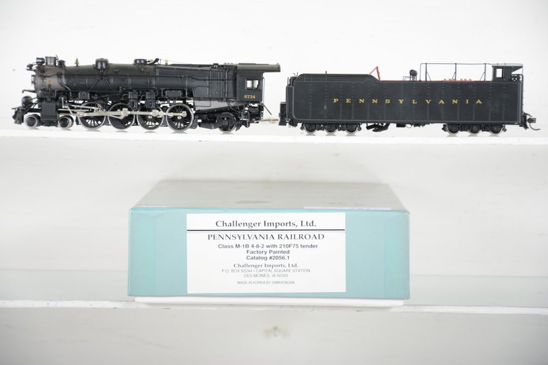 Challenger/ Samhongsa PRR M-1b 4-8-2 Loco #6734: With 210F75 tender. Factory painted. HO Gauge. Like New, test or very light signs of operation, may have light dust from display, light signs of handling, may have some tarnishing to finish. Original 