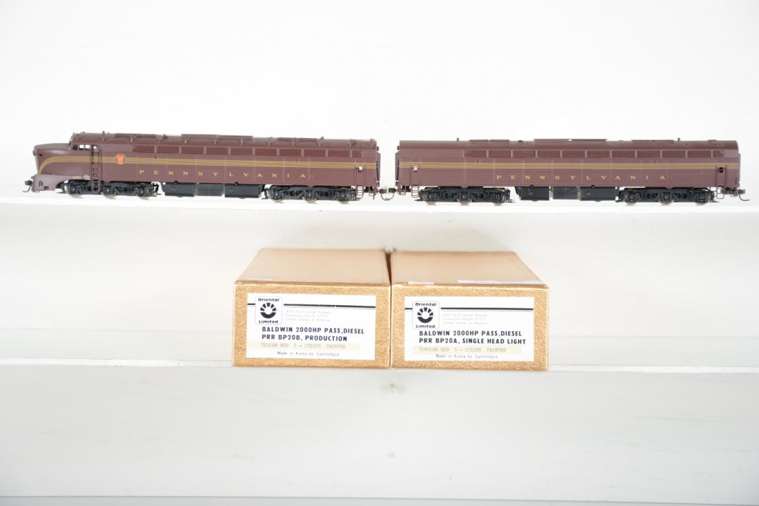 Oriental/ Samhongsa Brass PRR BP20 AB Diesels: 2000HP units both powered, Factory painted. HO Gauge. Like New to Mint, unrun, may have minor dust from display, near perfect paint, may have some tarnishing to finish. Original box, C10