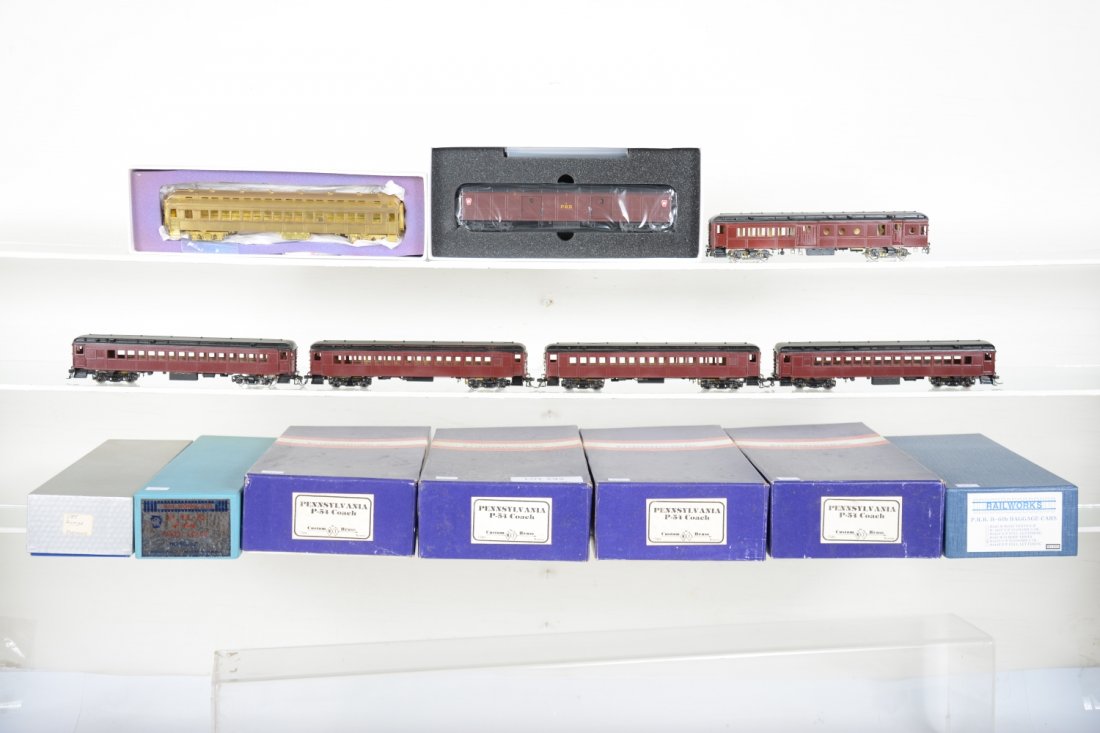 Brass HO PRR P Series Heavyweights: Includes a Rail Works Baggage, Factory painted; Custom Brass Porthole Baggage, painted not decaled; 4 Custom Brass P-54 Coaches, painted not decaled; Rail Works P-58 steel coach unpainted, rest otherw