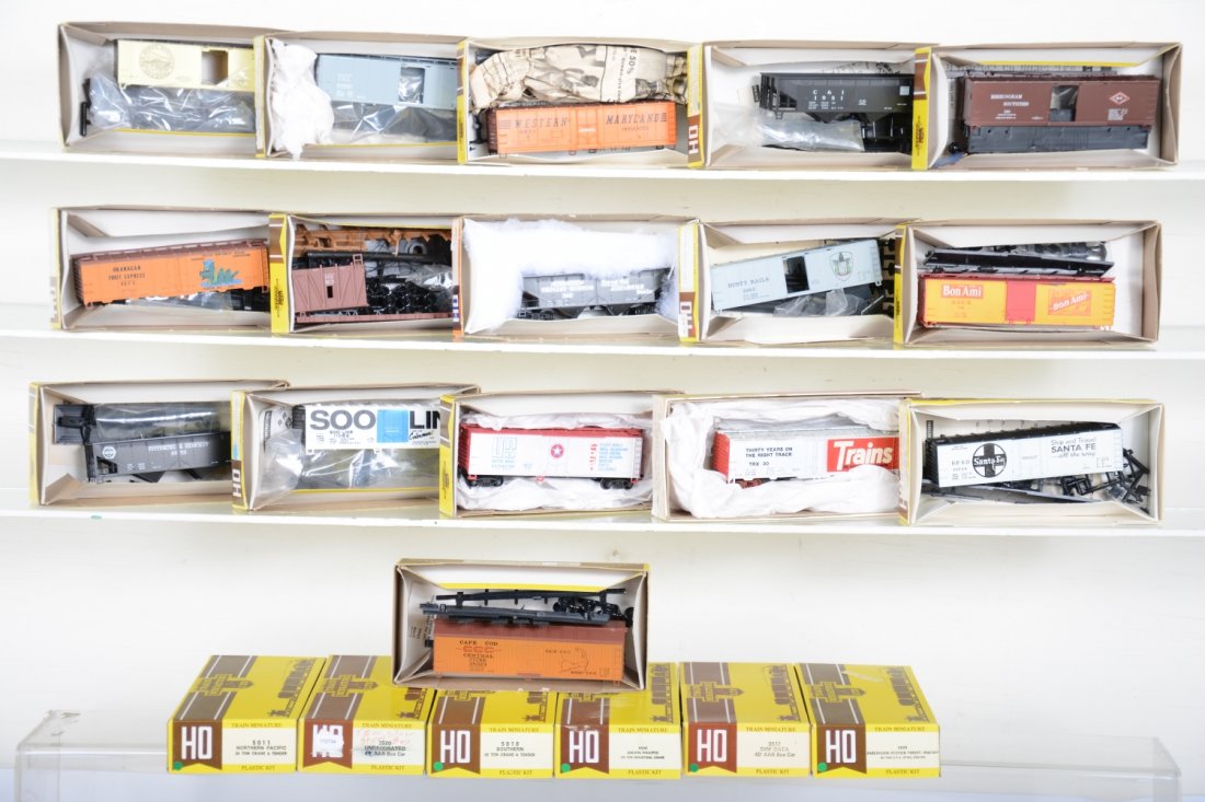 21+ TMI HO Freight Car Kits: Assorted road names and styles with crane & tender kits, boxcars, hoppers, reefers and more, all new in last series boxes, C10