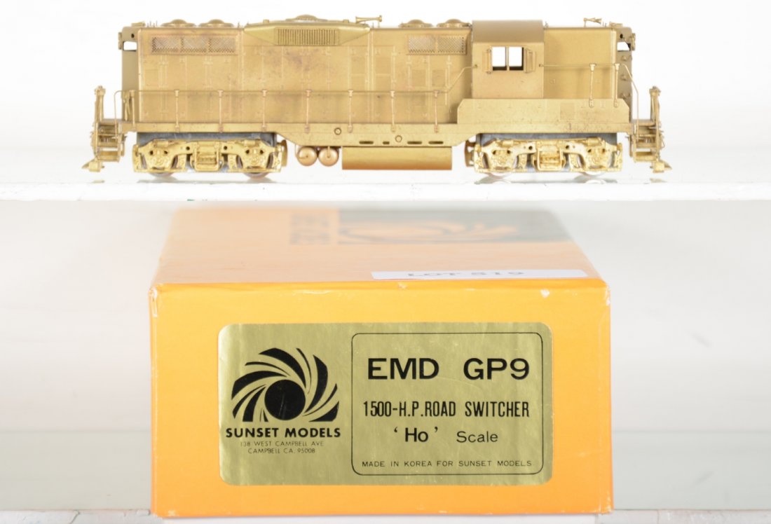 Sunset Brass EMD GP9 1500 HP Switcher: HO Gauge. Like New to Mint, unrun, may have minor dust from display, near perfect paint, may have some tarnishing to finish. Original box, C10