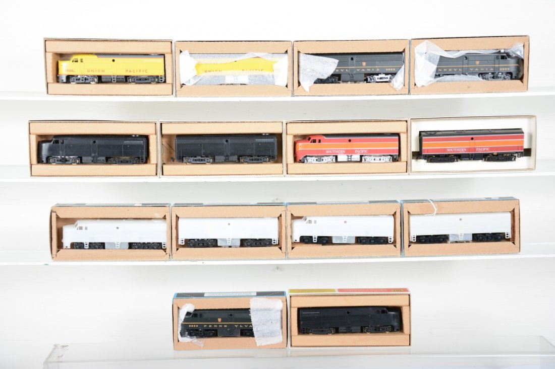 TMI HO Diesel Group: Includes a Union Pacific (UP) Powered FA & FB-1 diesels; Pennsylvania (PRR) FA-1 ABA diesels with 1 power A unit; Southern Pacific FA & FB-1 AB diesels with powered A; black undecorated ABA with power