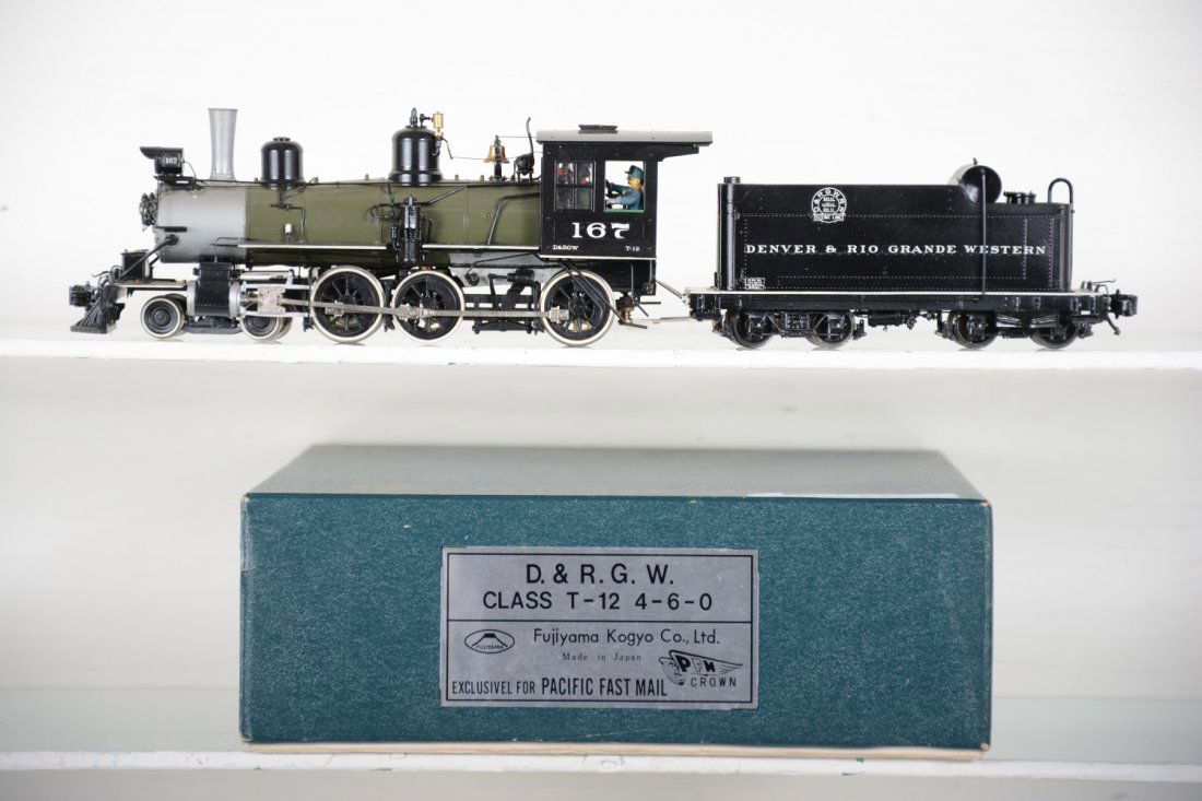 Fujiyama Brass On3 D&RGW T-1 2 4-6-0 Loco: Factory painted. HO Gauge. Like New to Mint, unrun, may have minor dust from display, near perfect paint, may have some tarnishing to finish. Original box, C10