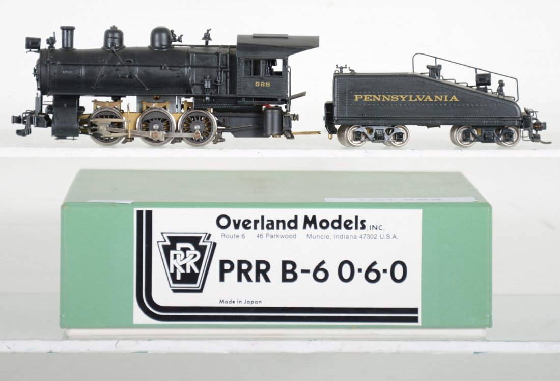 Overland Brass HO PRR B-6 0-6-0 Switcher: Cab 525. Nicely painted and decaled. Like New, test or very light signs of operation, may have light dust from display, light signs of handling, may have some tarnishing to finish. Original box, C9 Vi