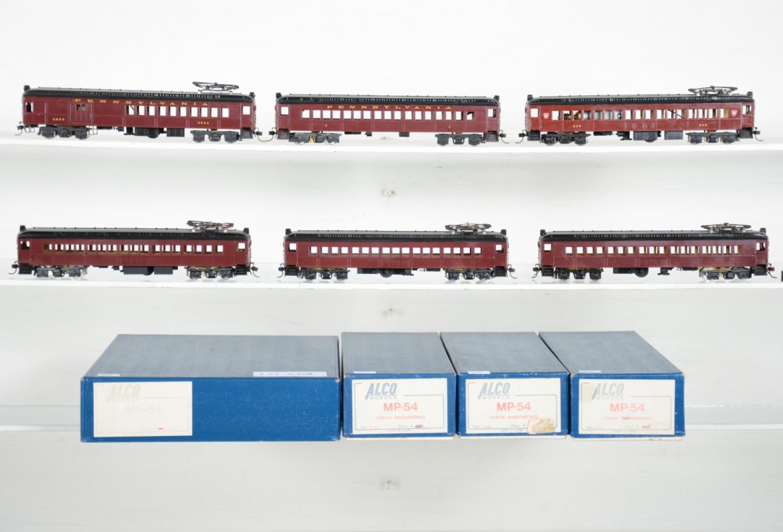 Alco Brass HO PRR MP-54 Interurban 6pc Set: Includes the 3pc set with 2 powered units, nicely painted & decaled, plus 3 matching coaches, just needing decals. Like New, test or very light signs of operation, may have light dust from display, li