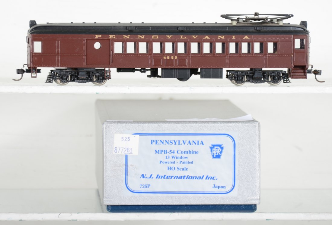 NJI Brass HO PRR MPB-54 13-Window Interurban Combine: #4555. Factory painted. Like New, test or very light signs of operation, may have light dust from display, light signs of handling, may have some tarnishing to finish. Original box, C9 Vintage brass t