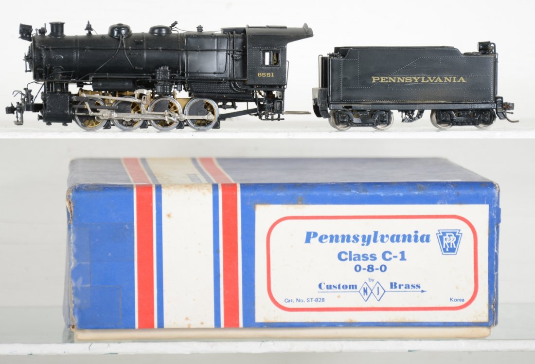 Custom Brass HO PRR C-1 0-8-0 Switcher: Cab 6551. Painted & Decaled. Excellent, Light to moderate run-time, Signs of handling, Very minor paint flaws, may have minor decal wear, but presentable. Dusty from display with original box, C8 Vint