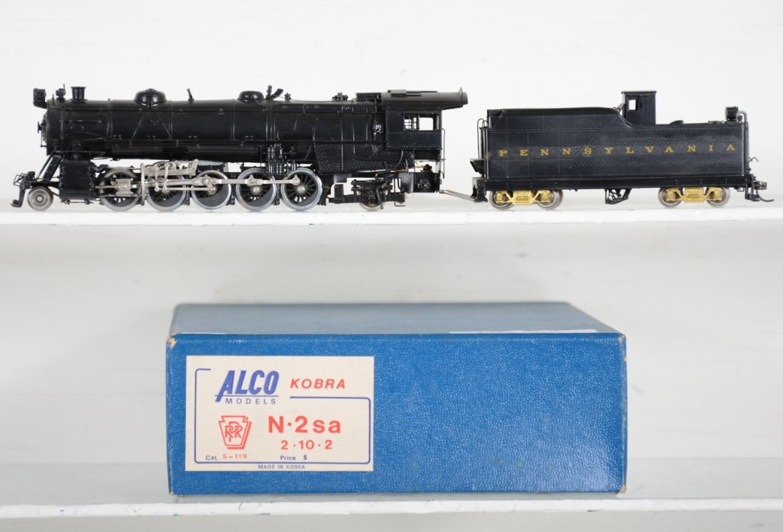Alco Brass HO PRR N-2sa 2-10-2 Locomotive: Painted & partially decaled, Like New, test or very light signs of operation, may have light dust from display, light signs of handling, may have some tarnishing to finish. Original box, C9 Vintage br