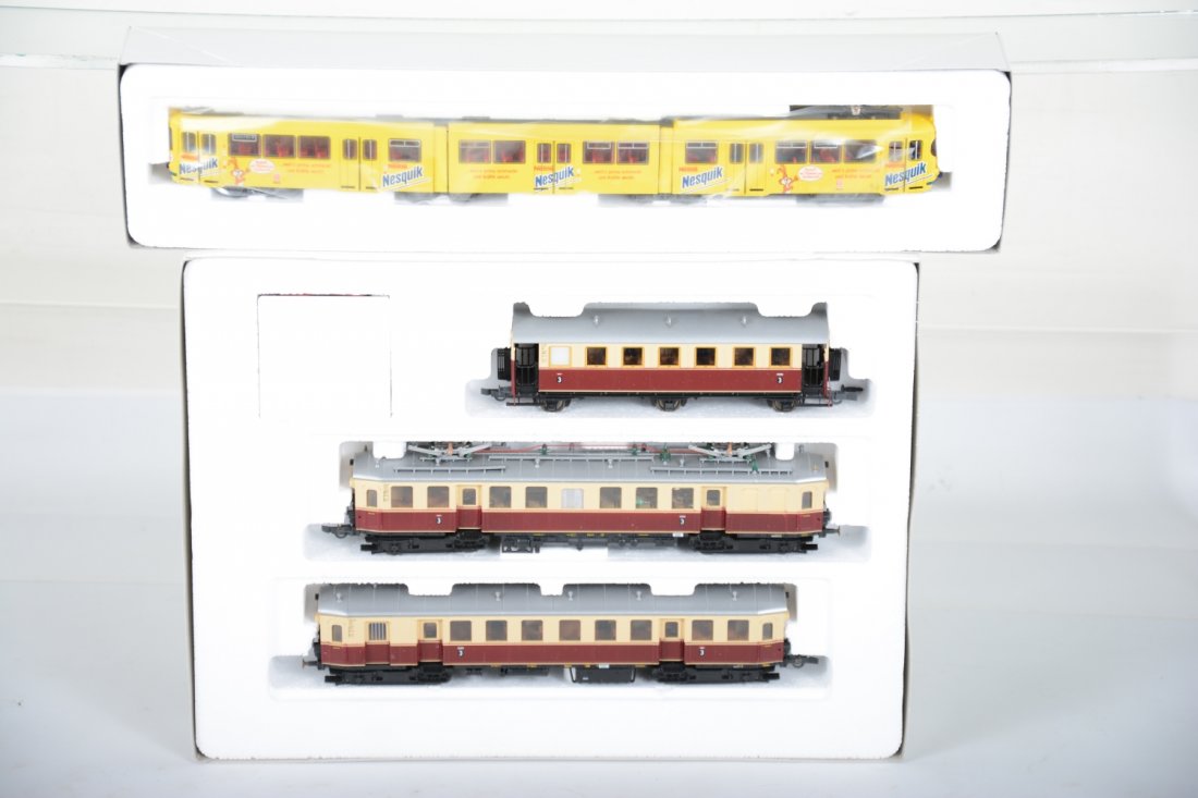 ROCO HO Light Traction Lot: Includes a 43187 Nestles Interurban 3pc set; 43007 3pc light rail interurban set, both are unrun, obs C10