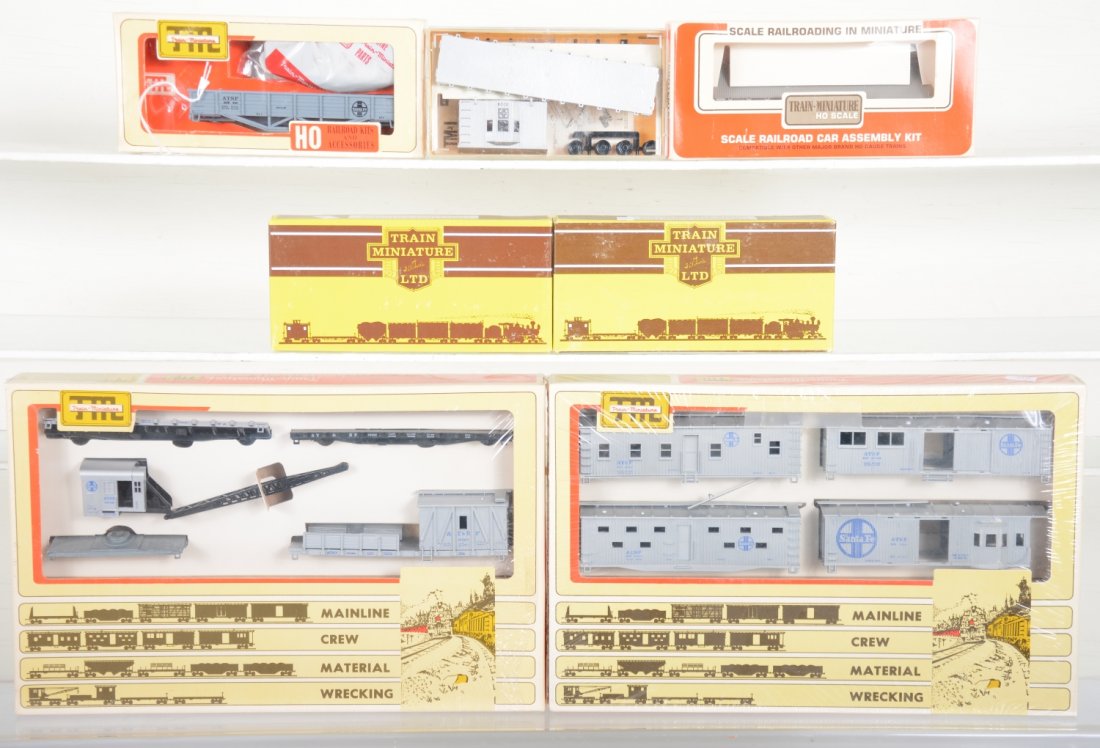TMI HO Santa Fe Work Train Car Kits: Includes crew & wrecking car 4-packs; flat cars, blacksmith car; 2 crane tender & ballast, all new in boxes, C10