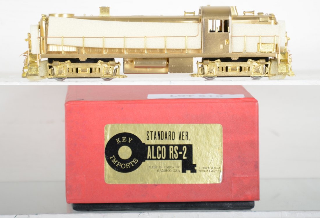 Key Brass Alco RS-2 Diesel: HO Gauge. Like New to Mint, unrun, may have minor dust from display, near perfect paint, may have some tarnishing to finish. Original box, C10 Vintage brass trains that haven’t been regularly mainta