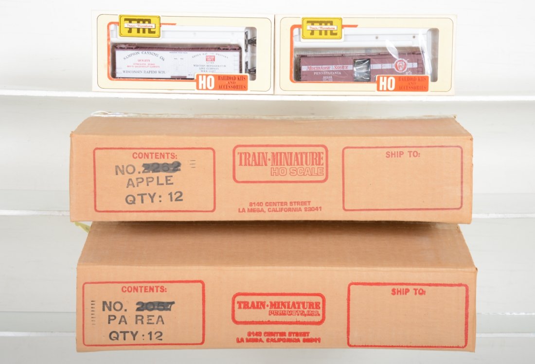 2 Cases of TMI HO Freight Cars: Includes 12 8086 PRR boxcar kits; 12 -8115 Sampsons Canning Reefer kits, all new in boxes with TMI shippers, C10