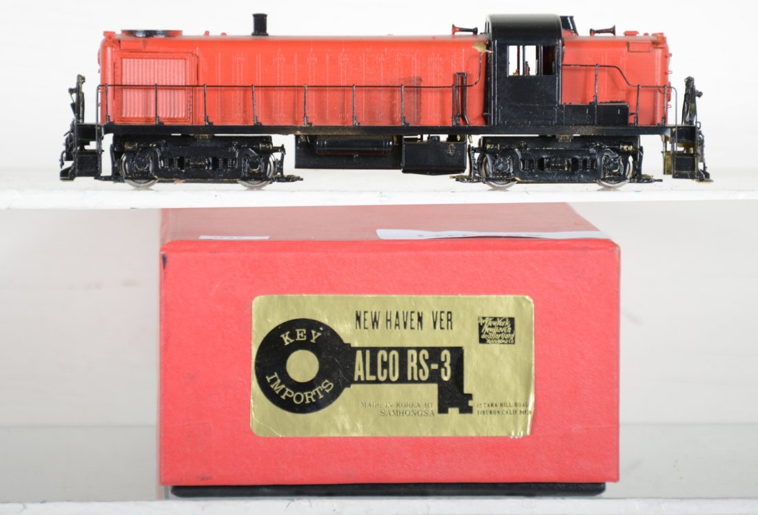 Key/ Samhongsa Brass HO NH Alco RS-3 Diesel: Painted, not decaled, some paint chips, unrun with box, C7ish Vintage brass trains that haven’t been regularly maintained, may have tarnished commutators, lack of lubrication or deteriated rubber dr