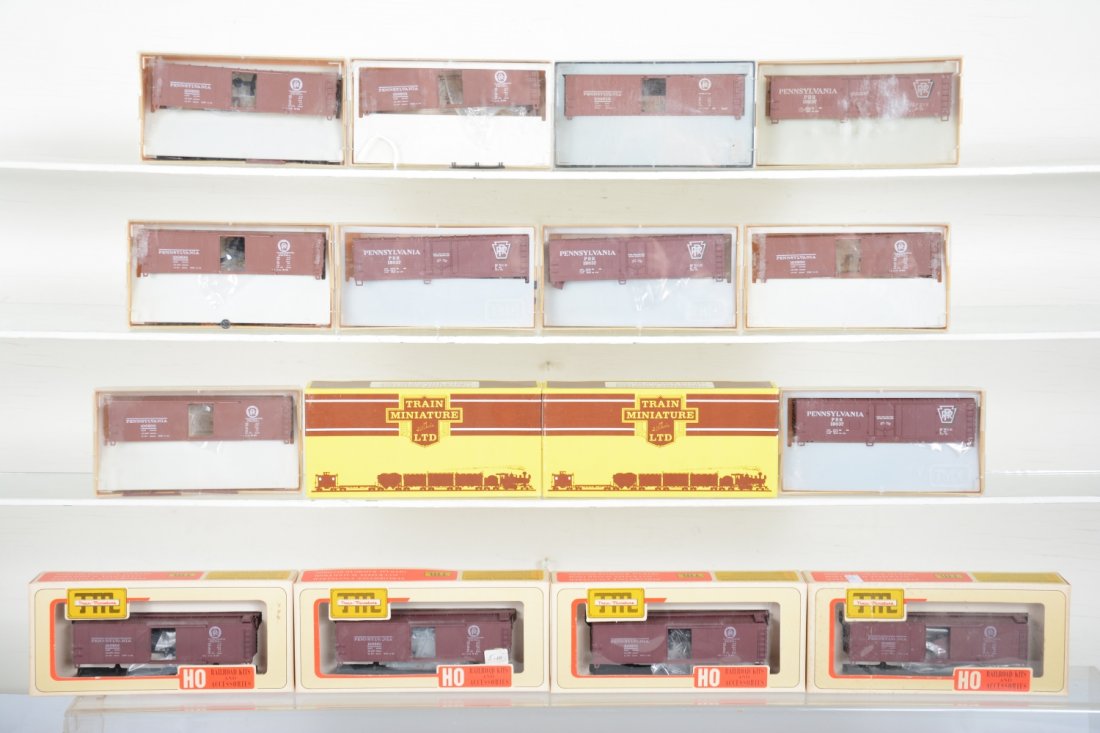 TMI HO PRR Freight Car Kits, Plus: Includes 5 #3217 plug-door wood side boxcars; 9 -3102 Steel boxcars; Plus 2 convertible gondola kits, all new in boxes, C10