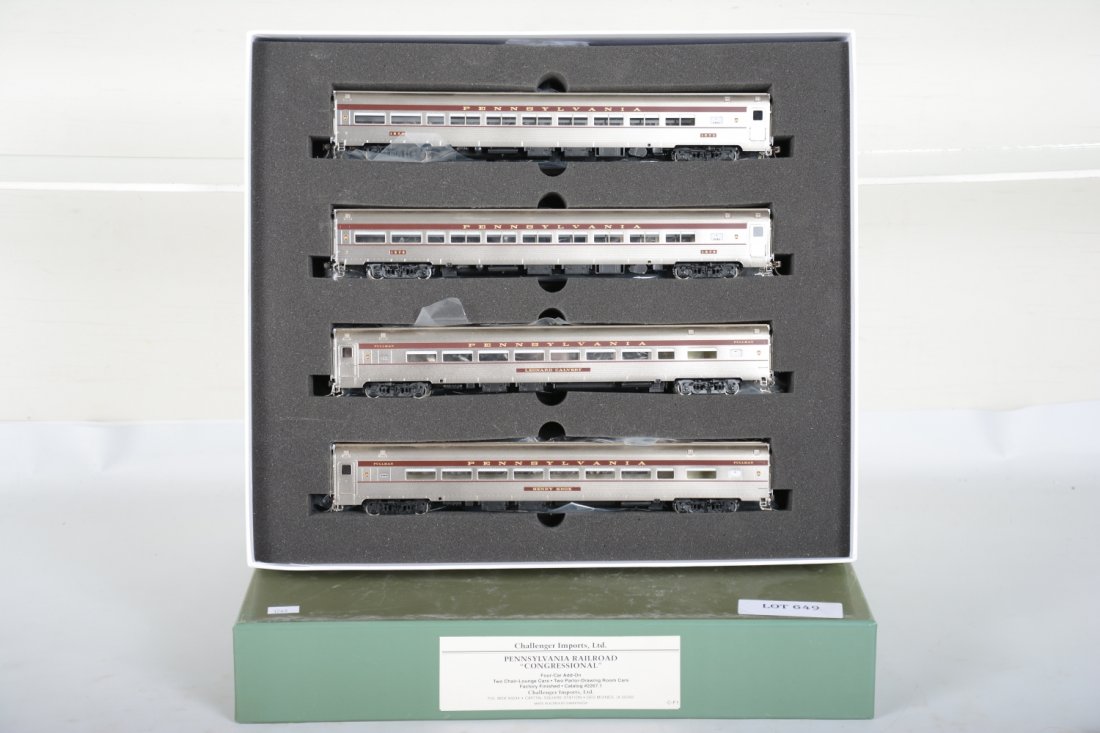 Challenger/ Samhongsa Brass HO PRR Congressional Add-on: Includes C-F1 4-car set. Like New, test or very light signs of operation, may have light dust from display, light signs of handling, may have some tarnishing to finish. Original box, C9. (see lot 646 
