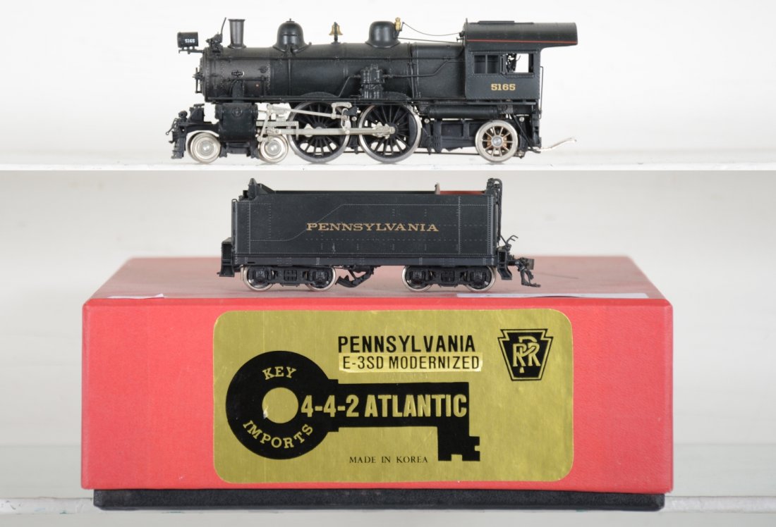 Key/ Ajin Brass HO PRR E-3sd Atlantic 4-4-2: Factory painted, Cab 5165. Like New, test or very light signs of operation, may have light dust from display, light signs of handling, may have some tarnishing to finish. Original box, C9 Vintage bras