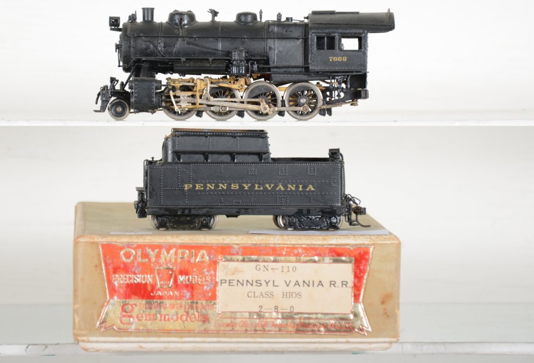 Olympia/Gem Brass HO PRR H-10s 2-8-0 Loco: Cab 7669. Hobbyist painted & decaled, Excellent, Light to moderate run-time, Signs of handling, Very minor paint flaws, may have minor decal wear, but presentable. Dusty from display with original box