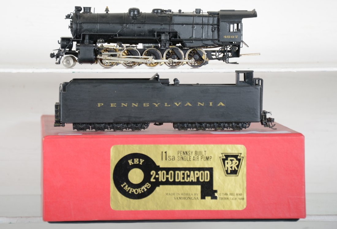 Key/ Samhongsa Brass HO PRR I-1sa 2-10-0 Decapod: Single air pump, cab #4587. Hobbyist painted & decaled, unrun chassis, finish C7ish Vintage brass trains that haven’t been regularly maintained, may have tarnished commutators, lack of lubrication o