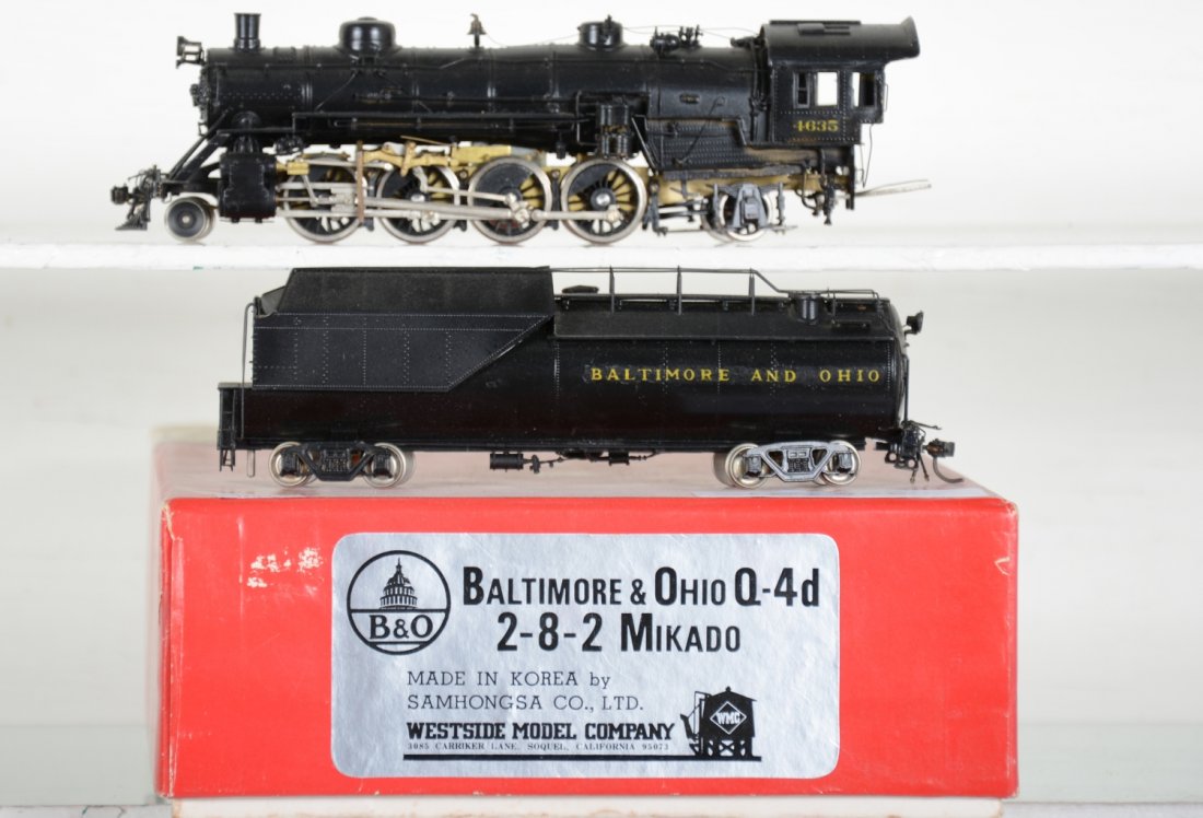 Westside/ Samhongsa Brass HO B&O Q-4d Mikado: Cab 4635. Can motor, painted & decaled. Like New, test or very light signs of operation, may have light dust from display, light signs of handling, may have some tarnishing to finish. Original box, C9