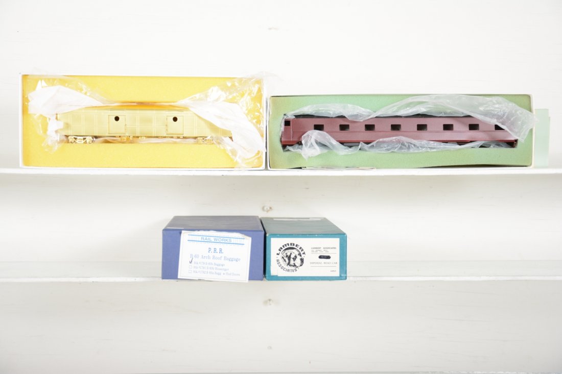 2 HO Brass PRR Passenger Cars: Includes a Lambert Imperial Road coach, painted not decaled, with some parts, no trucks, C8; Railworks B-60b baggage. Like New to Mint, unrun, may have minor dust from display, near perfect paint, may