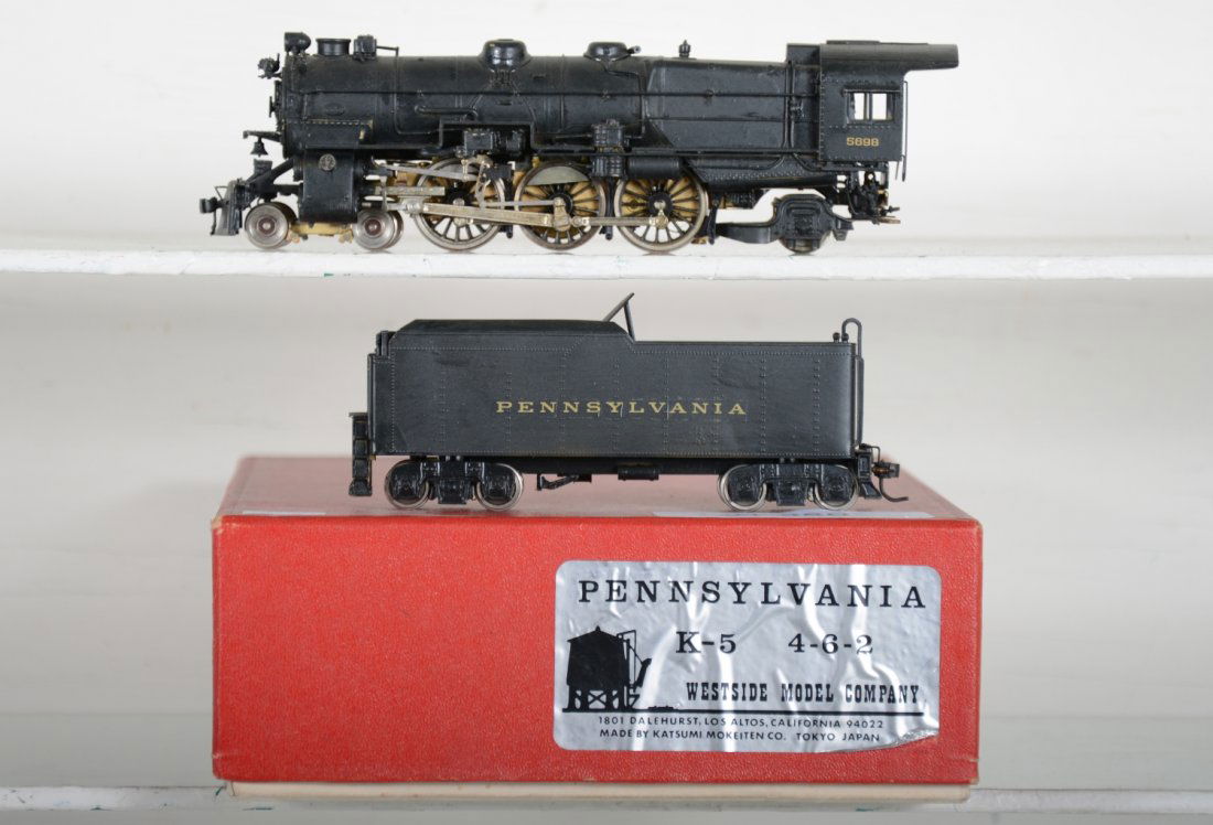 Westside/Katsumi Brass HO PRR K-5 4-6-2 loco: cab #5698. Painted & decaled, but hobbyist matte finish over-painted. Excellent, Light to moderate run-time, Signs of handling, Very minor paint flaws, may have minor decal wear, but presentable. Dust
