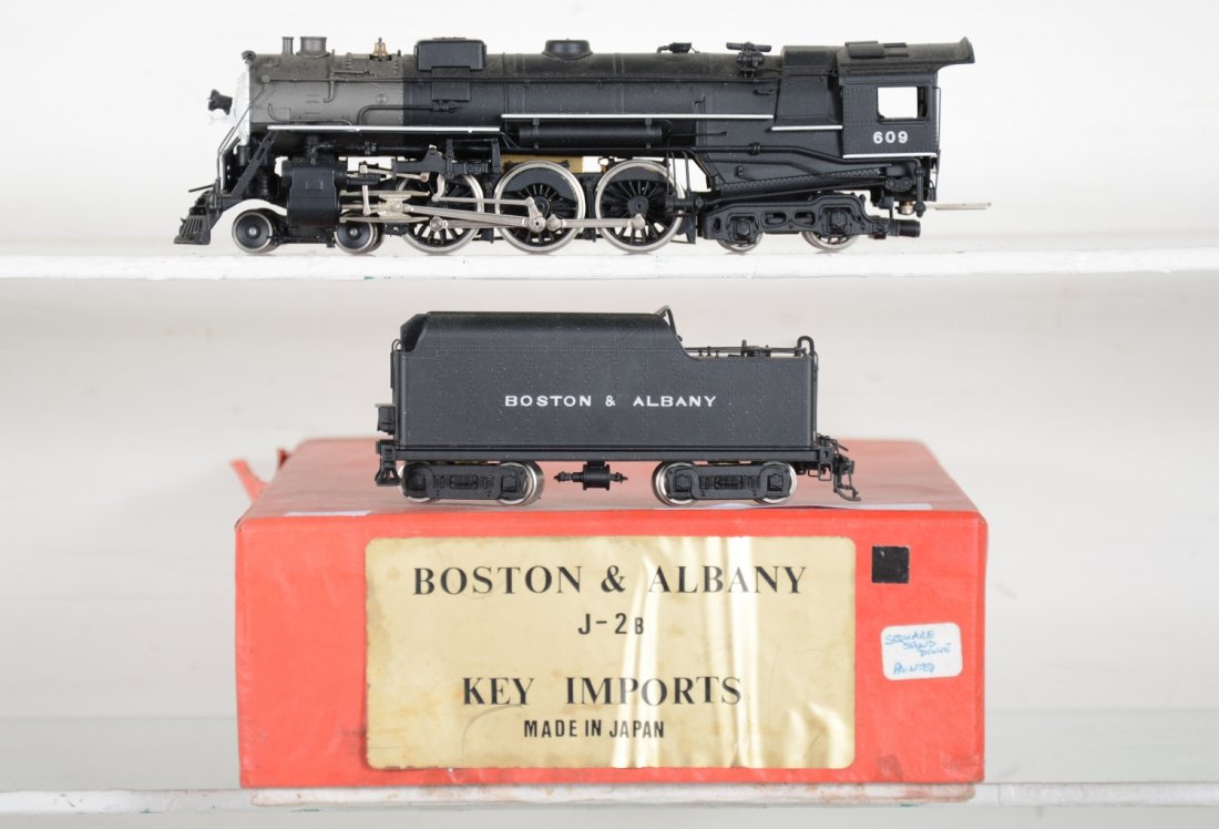 Key Brass HO B&A J2b 4-6-4 with Square Sand Dome: Cab #609. Factory painted with worn box. Like New to Mint, unrun, may have minor dust from display, near perfect paint, may have some tarnishing to finish. Original box, C10 Vintage brass trains that 